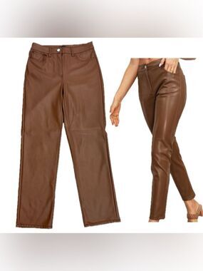 Reitmans Signature Pant cognac brown high-rise straight-leg vegan leather Sz 8